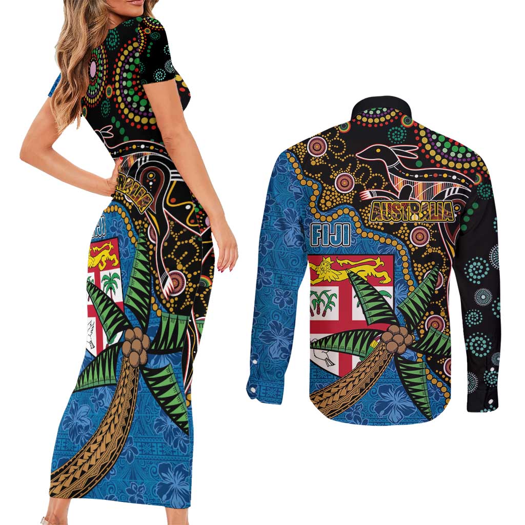 Fijian and Australian Culture Together Couples Matching Short Sleeve Bodycon Dress and Long Sleeve Button Shirt Aboriginal Art and Tapa Motifs with Kangaroo and Palm Tree - Polynesian Pride