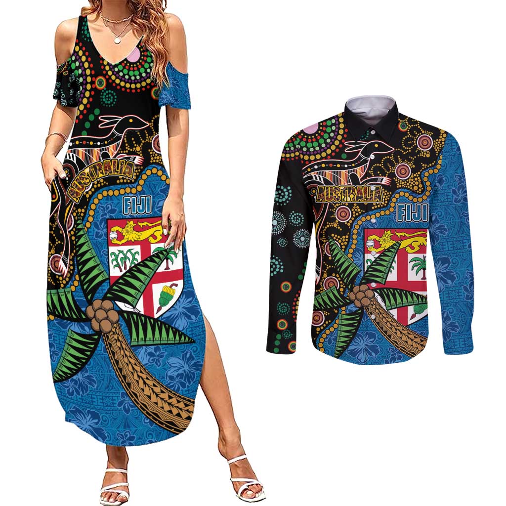 Fijian and Australian Culture Together Couples Matching Summer Maxi Dress and Long Sleeve Button Shirt Aboriginal Art and Tapa Motifs with Kangaroo and Palm Tree - Polynesian Pride
