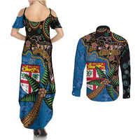 Fijian and Australian Culture Together Couples Matching Summer Maxi Dress and Long Sleeve Button Shirt Aboriginal Art and Tapa Motifs with Kangaroo and Palm Tree - Polynesian Pride