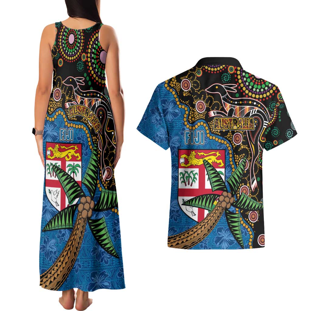 Fijian and Australian Culture Together Couples Matching Tank Maxi Dress and Hawaiian Shirt Aboriginal Art and Tapa Motifs with Kangaroo and Palm Tree - Polynesian Pride