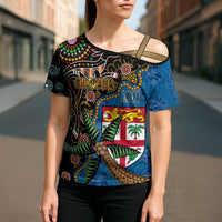 Fijian and Australian Culture Together Cross Shoulder Shirt Aboriginal Art and Tapa Motifs with Kangaroo and Palm Tree - Polynesian Pride