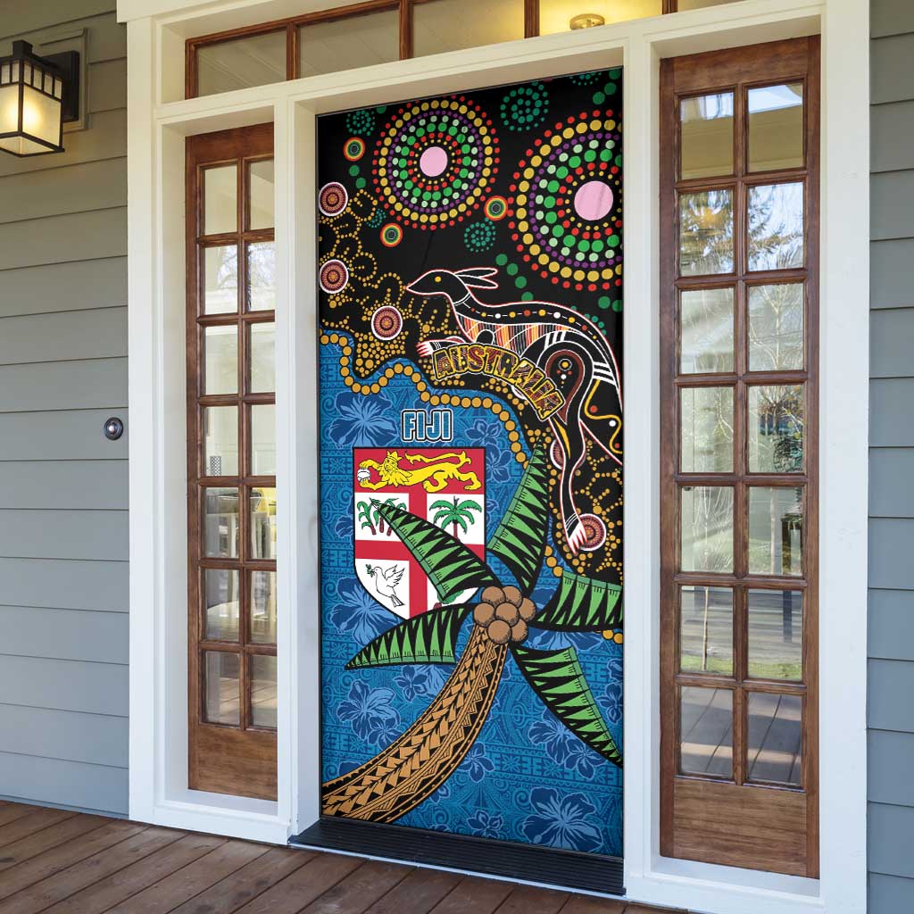 Fijian and Australian Culture Together Door Cover Aboriginal Art and Tapa Motifs with Kangaroo and Palm Tree - Polynesian Pride