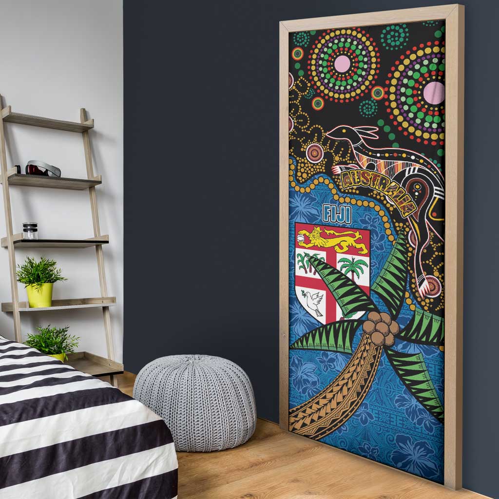 Fijian and Australian Culture Together Door Cover Aboriginal Art and Tapa Motifs with Kangaroo and Palm Tree - Polynesian Pride