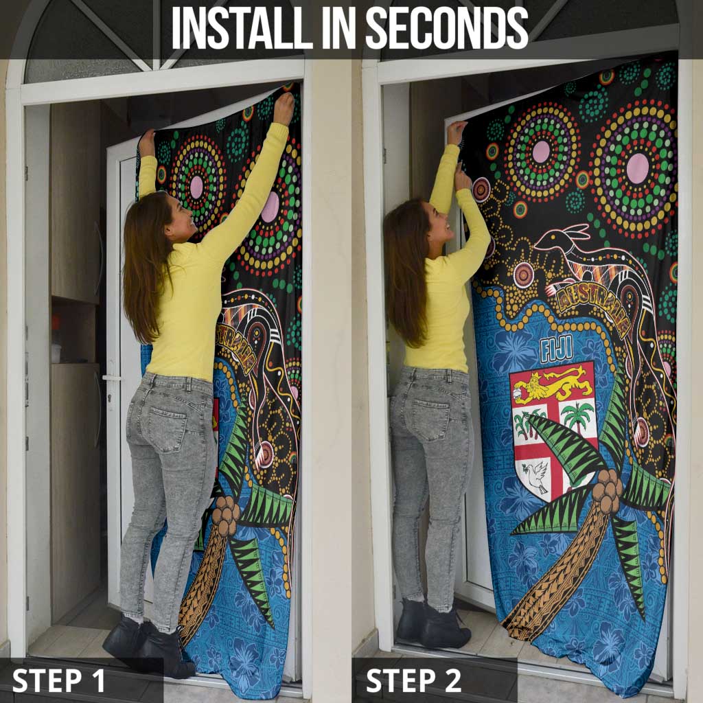 Fijian and Australian Culture Together Door Cover Aboriginal Art and Tapa Motifs with Kangaroo and Palm Tree - Polynesian Pride