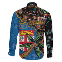 Fijian and Australian Culture Together Family Matching Long Sleeve Bodycon Dress and Hawaiian Shirt Aboriginal Art and Tapa Motifs with Kangaroo and Palm Tree - Polynesian Pride
