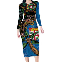 Fijian and Australian Culture Together Family Matching Long Sleeve Bodycon Dress and Hawaiian Shirt Aboriginal Art and Tapa Motifs with Kangaroo and Palm Tree - Polynesian Pride