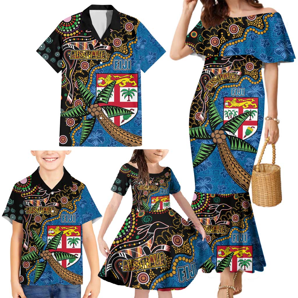 Fijian and Australian Culture Together Family Matching Mermaid Dress and Hawaiian Shirt Aboriginal Art and Tapa Motifs with Kangaroo and Palm Tree - Polynesian Pride