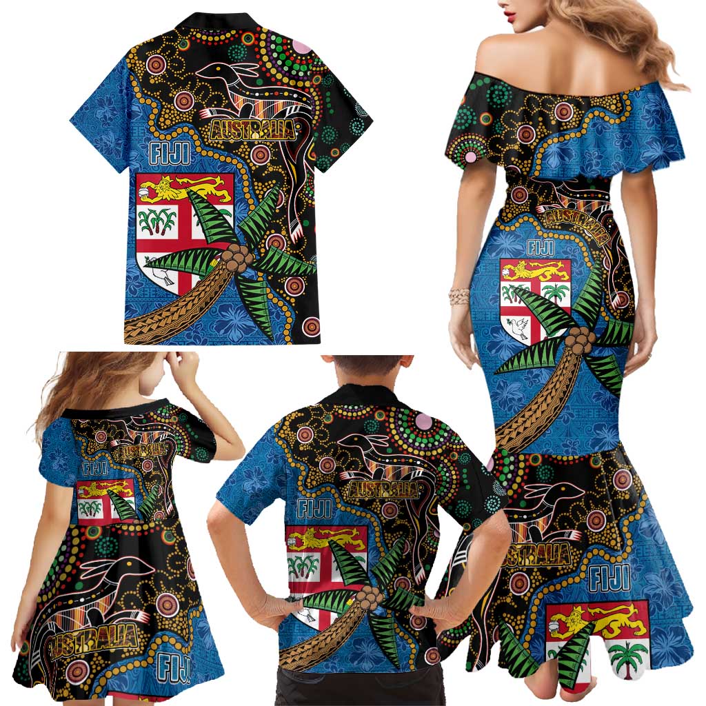 Fijian and Australian Culture Together Family Matching Mermaid Dress and Hawaiian Shirt Aboriginal Art and Tapa Motifs with Kangaroo and Palm Tree - Polynesian Pride