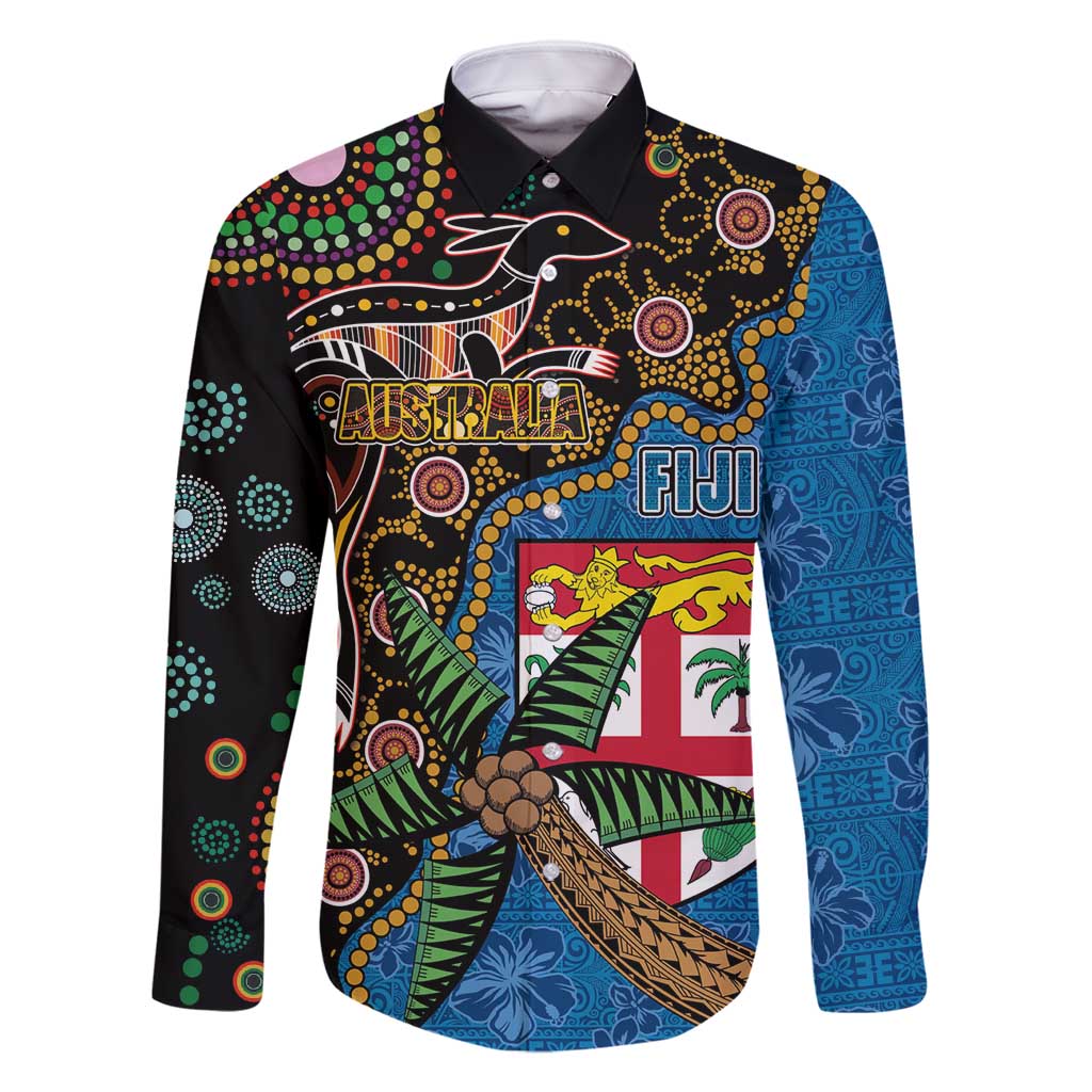 Fijian and Australian Culture Together Family Matching Mermaid Dress and Hawaiian Shirt Aboriginal Art and Tapa Motifs with Kangaroo and Palm Tree - Polynesian Pride