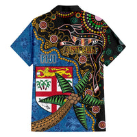 Fijian and Australian Culture Together Family Matching Off The Shoulder Long Sleeve Dress and Hawaiian Shirt Aboriginal Art and Tapa Motifs with Kangaroo and Palm Tree - Polynesian Pride