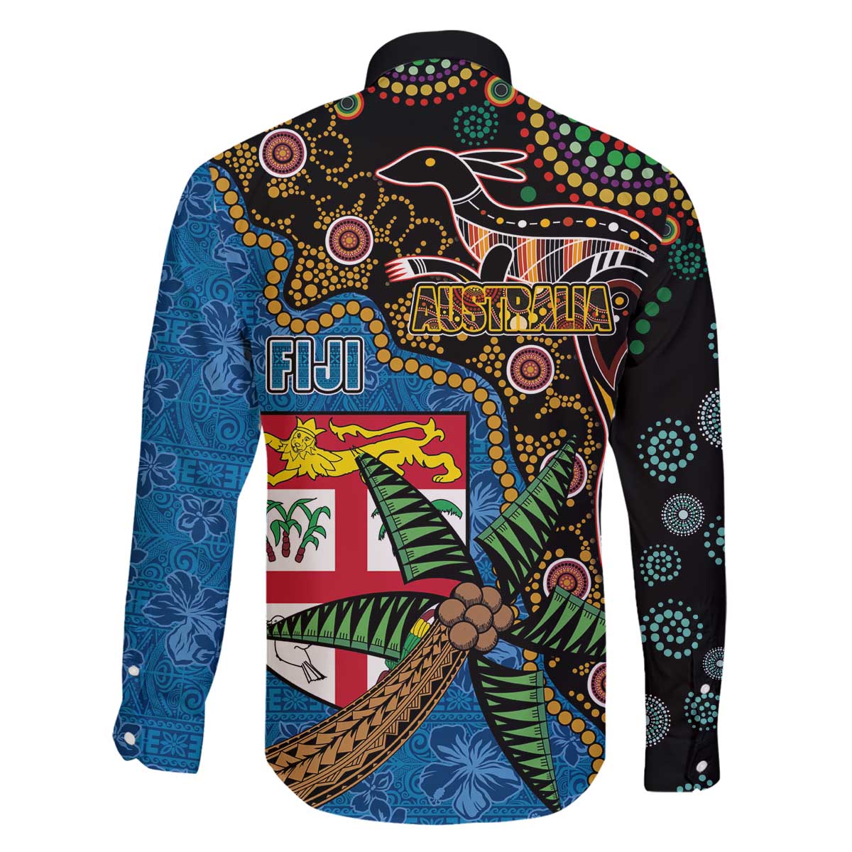 Fijian and Australian Culture Together Family Matching Off The Shoulder Long Sleeve Dress and Hawaiian Shirt Aboriginal Art and Tapa Motifs with Kangaroo and Palm Tree - Polynesian Pride