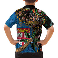 Fijian and Australian Culture Together Family Matching Off Shoulder Maxi Dress and Hawaiian Shirt Aboriginal Art and Tapa Motifs with Kangaroo and Palm Tree - Polynesian Pride