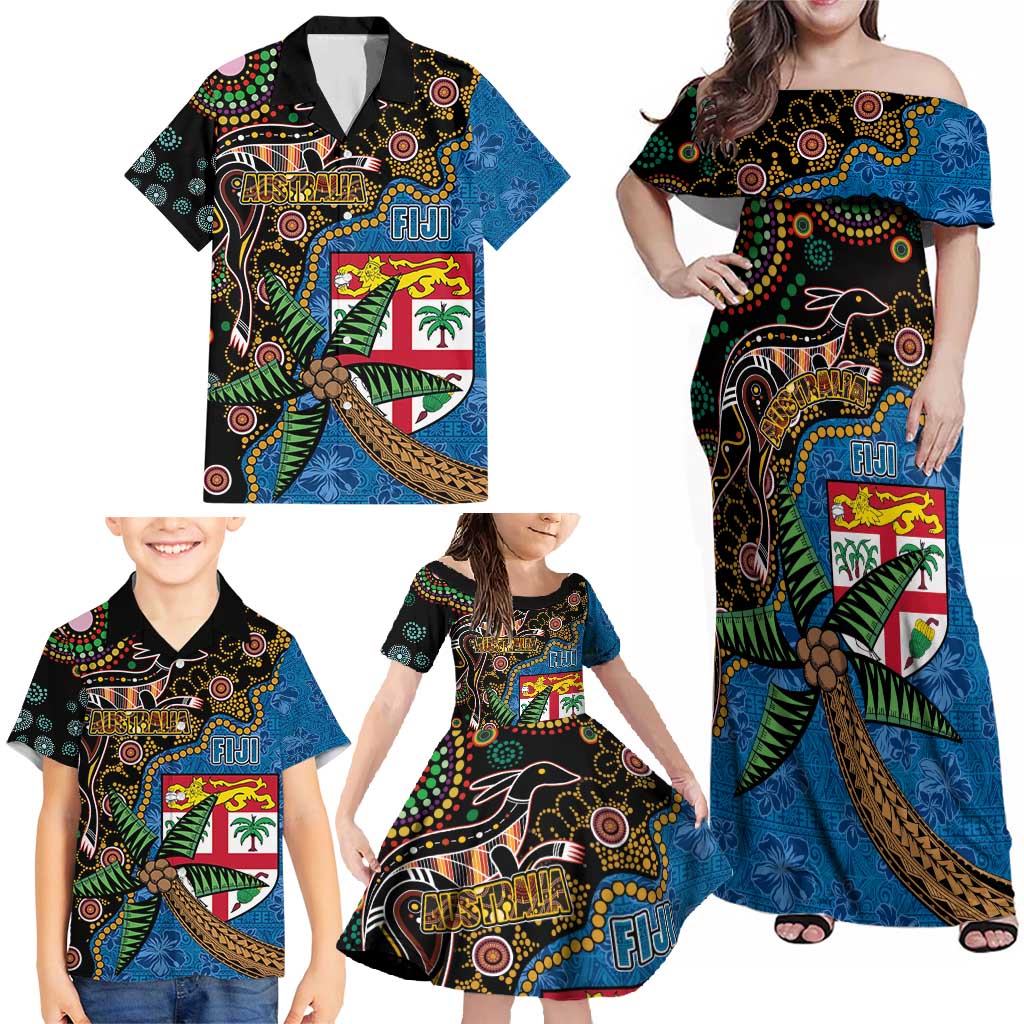 Fijian and Australian Culture Together Family Matching Off Shoulder Maxi Dress and Hawaiian Shirt Aboriginal Art and Tapa Motifs with Kangaroo and Palm Tree - Polynesian Pride