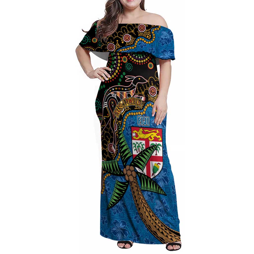 Fijian and Australian Culture Together Family Matching Off Shoulder Maxi Dress and Hawaiian Shirt Aboriginal Art and Tapa Motifs with Kangaroo and Palm Tree - Polynesian Pride