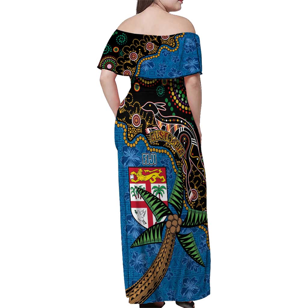 Fijian and Australian Culture Together Family Matching Off Shoulder Maxi Dress and Hawaiian Shirt Aboriginal Art and Tapa Motifs with Kangaroo and Palm Tree - Polynesian Pride