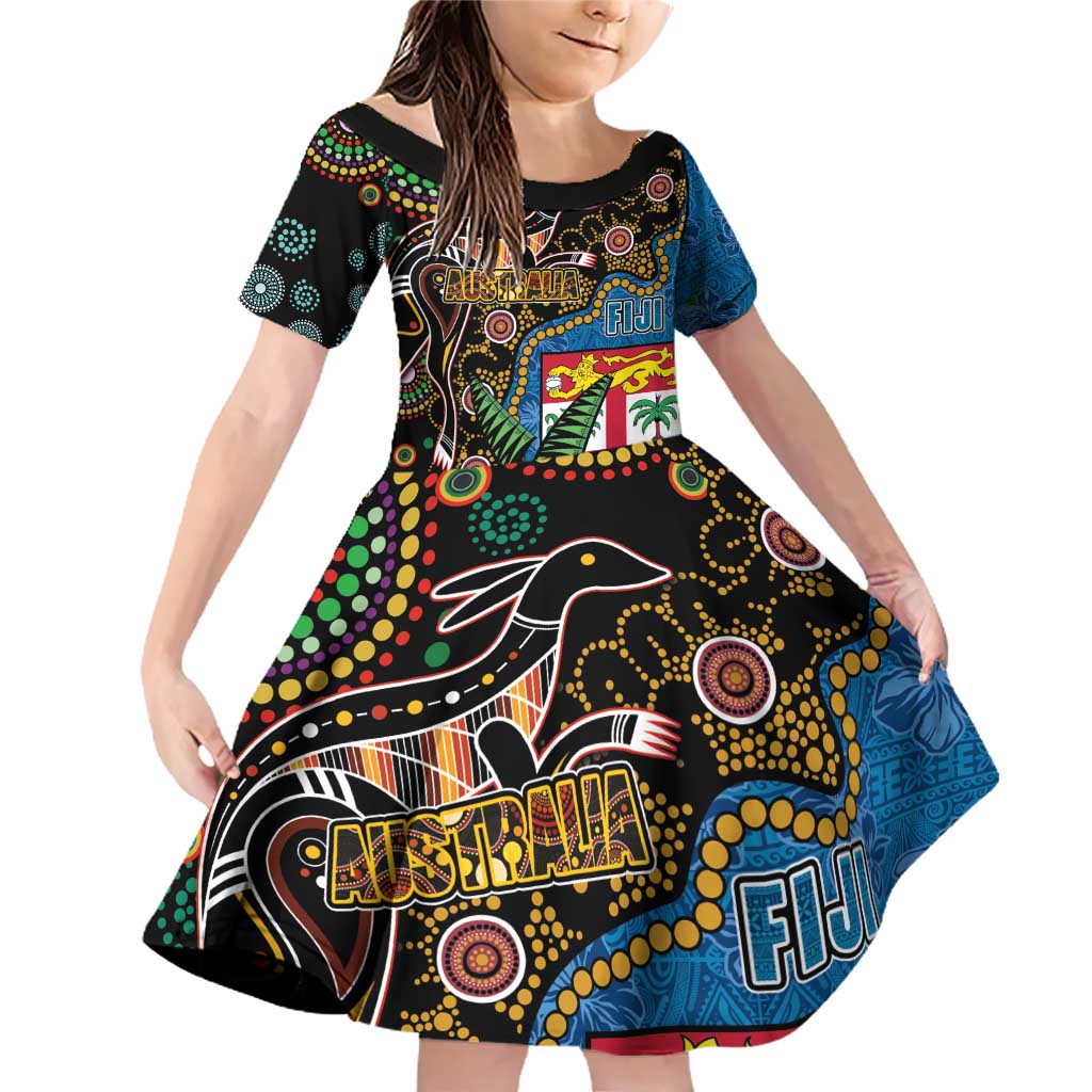 Fijian and Australian Culture Together Family Matching Off Shoulder Short Dress and Hawaiian Shirt Aboriginal Art and Tapa Motifs with Kangaroo and Palm Tree - Polynesian Pride