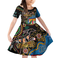 Fijian and Australian Culture Together Family Matching Off Shoulder Short Dress and Hawaiian Shirt Aboriginal Art and Tapa Motifs with Kangaroo and Palm Tree - Polynesian Pride