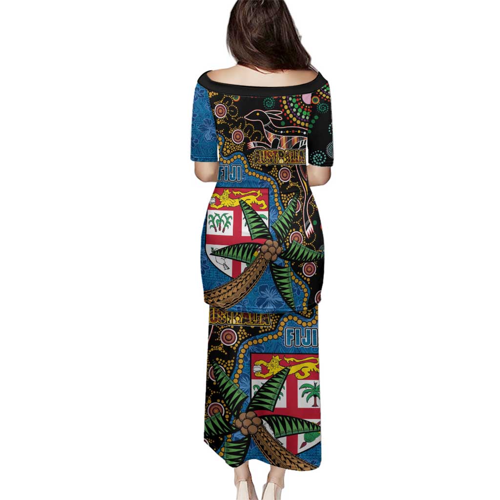 Fijian and Australian Culture Together Family Matching Puletasi and Hawaiian Shirt Aboriginal Art and Tapa Motifs with Kangaroo and Palm Tree - Polynesian Pride