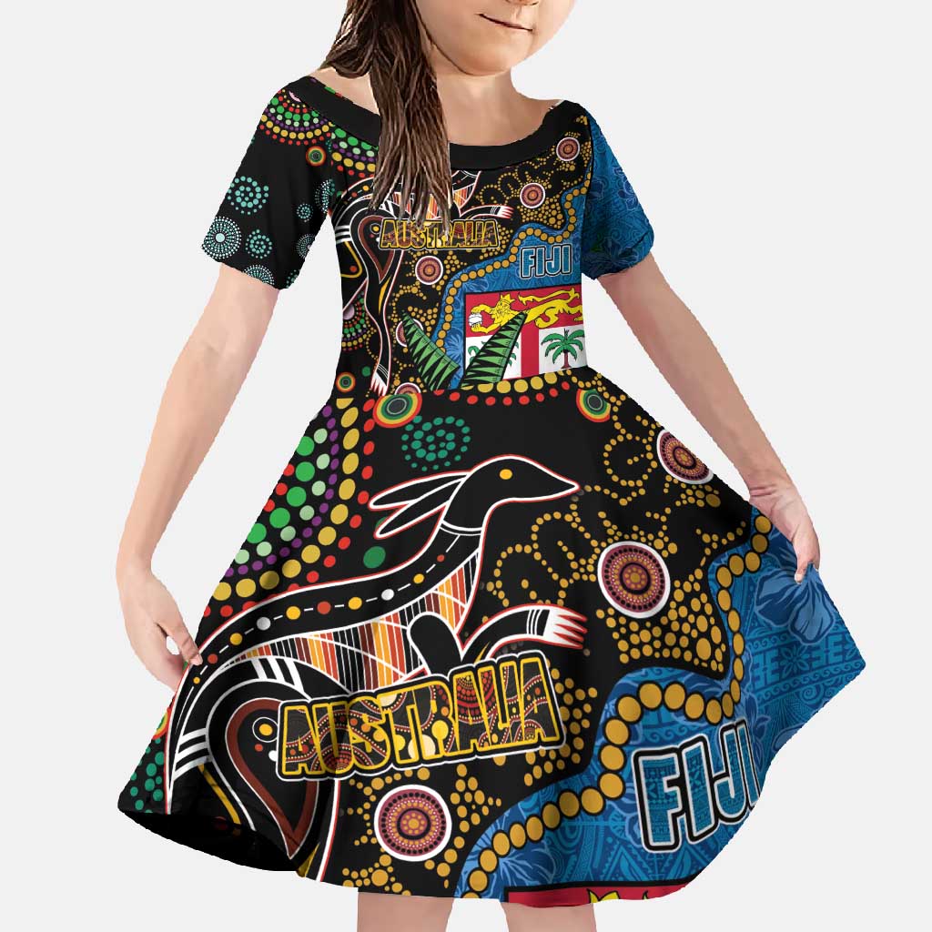 Fijian and Australian Culture Together Family Matching Short Sleeve Bodycon Dress and Hawaiian Shirt Aboriginal Art and Tapa Motifs with Kangaroo and Palm Tree - Polynesian Pride