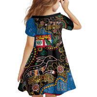 Fijian and Australian Culture Together Family Matching Short Sleeve Bodycon Dress and Hawaiian Shirt Aboriginal Art and Tapa Motifs with Kangaroo and Palm Tree - Polynesian Pride
