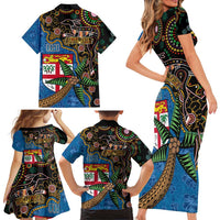 Fijian and Australian Culture Together Family Matching Short Sleeve Bodycon Dress and Hawaiian Shirt Aboriginal Art and Tapa Motifs with Kangaroo and Palm Tree - Polynesian Pride