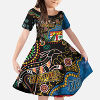 Fijian and Australian Culture Together Family Matching Summer Maxi Dress and Hawaiian Shirt Aboriginal Art and Tapa Motifs with Kangaroo and Palm Tree - Polynesian Pride