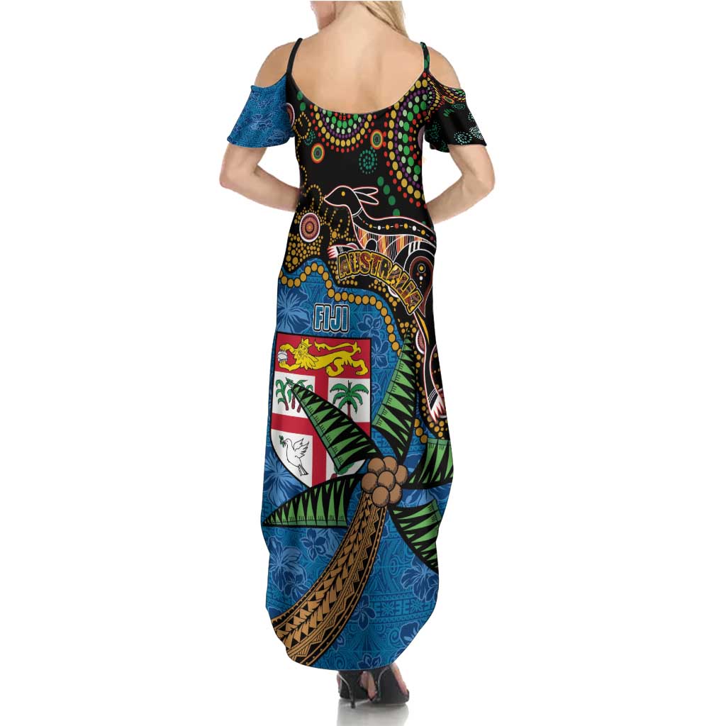 Fijian and Australian Culture Together Family Matching Summer Maxi Dress and Hawaiian Shirt Aboriginal Art and Tapa Motifs with Kangaroo and Palm Tree - Polynesian Pride