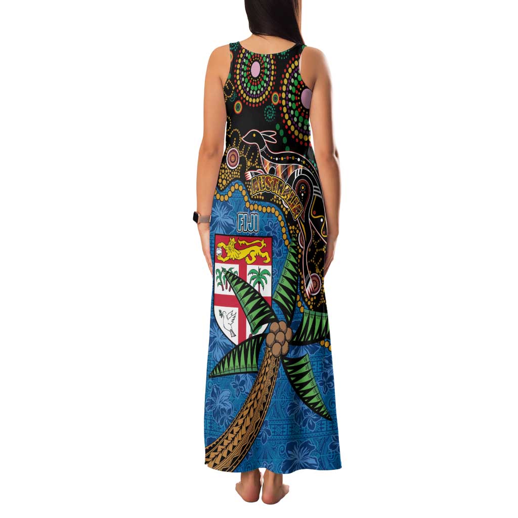 Fijian and Australian Culture Together Family Matching Tank Maxi Dress and Hawaiian Shirt Aboriginal Art and Tapa Motifs with Kangaroo and Palm Tree - Polynesian Pride