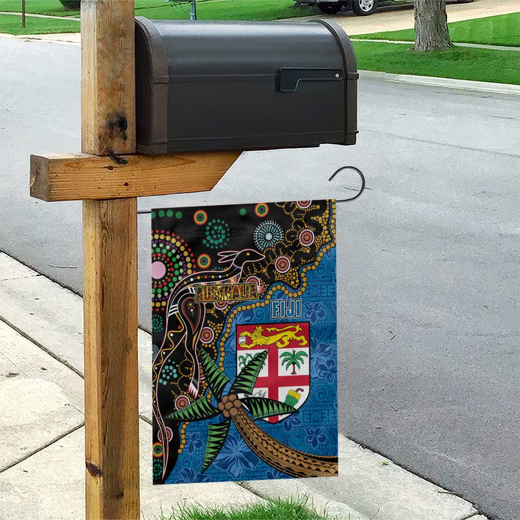 Fijian and Australian Culture Together Garden Flag Aboriginal Art and Tapa Motifs with Kangaroo and Palm Tree - Polynesian Pride