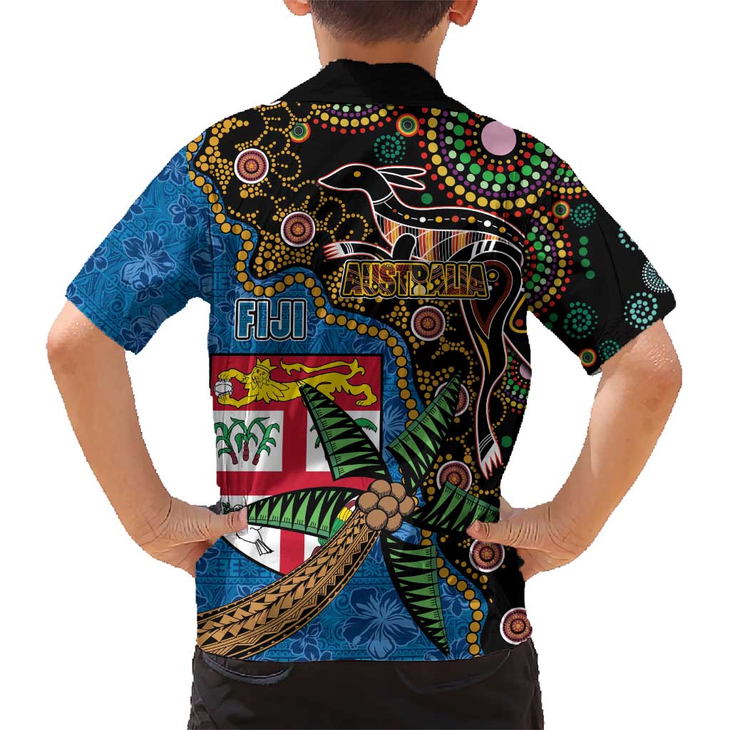 Fijian and Australian Culture Together Hawaiian Shirt Aboriginal Art and Tapa Motifs with Kangaroo and Palm Tree - Polynesian Pride