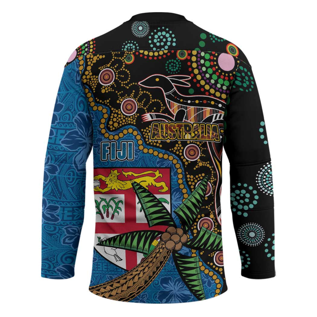 Fijian and Australian Culture Together Hockey Jersey Aboriginal Art and Tapa Motifs with Kangaroo and Palm Tree - Polynesian Pride
