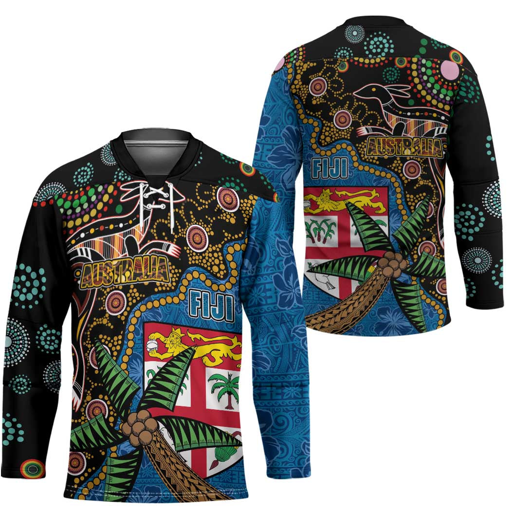 Fijian and Australian Culture Together Hockey Jersey Aboriginal Art and Tapa Motifs with Kangaroo and Palm Tree - Polynesian Pride