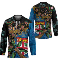 Fijian and Australian Culture Together Hockey Jersey Aboriginal Art and Tapa Motifs with Kangaroo and Palm Tree - Polynesian Pride