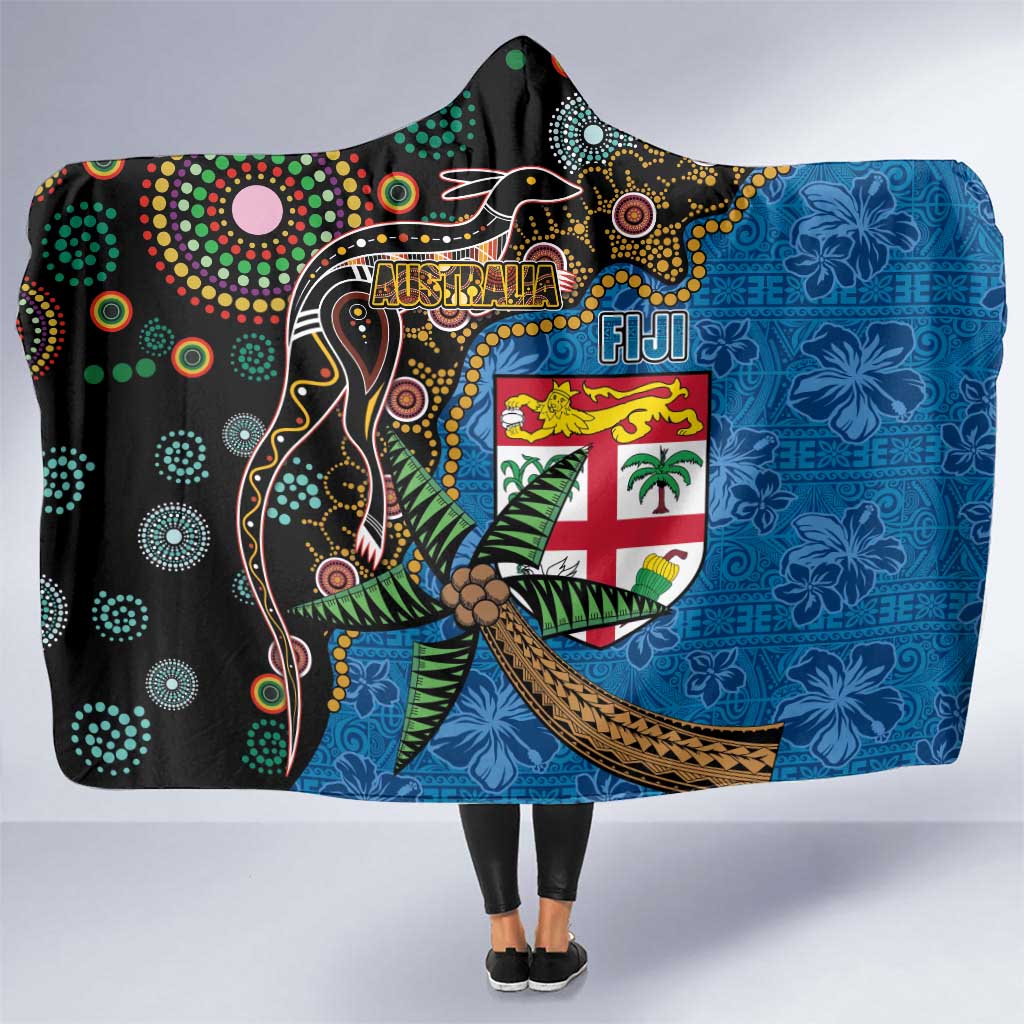 Fijian and Australian Culture Together Hooded Blanket Aboriginal Art and Tapa Motifs with Kangaroo and Palm Tree LT03 One Size Black - Polynesian Pride