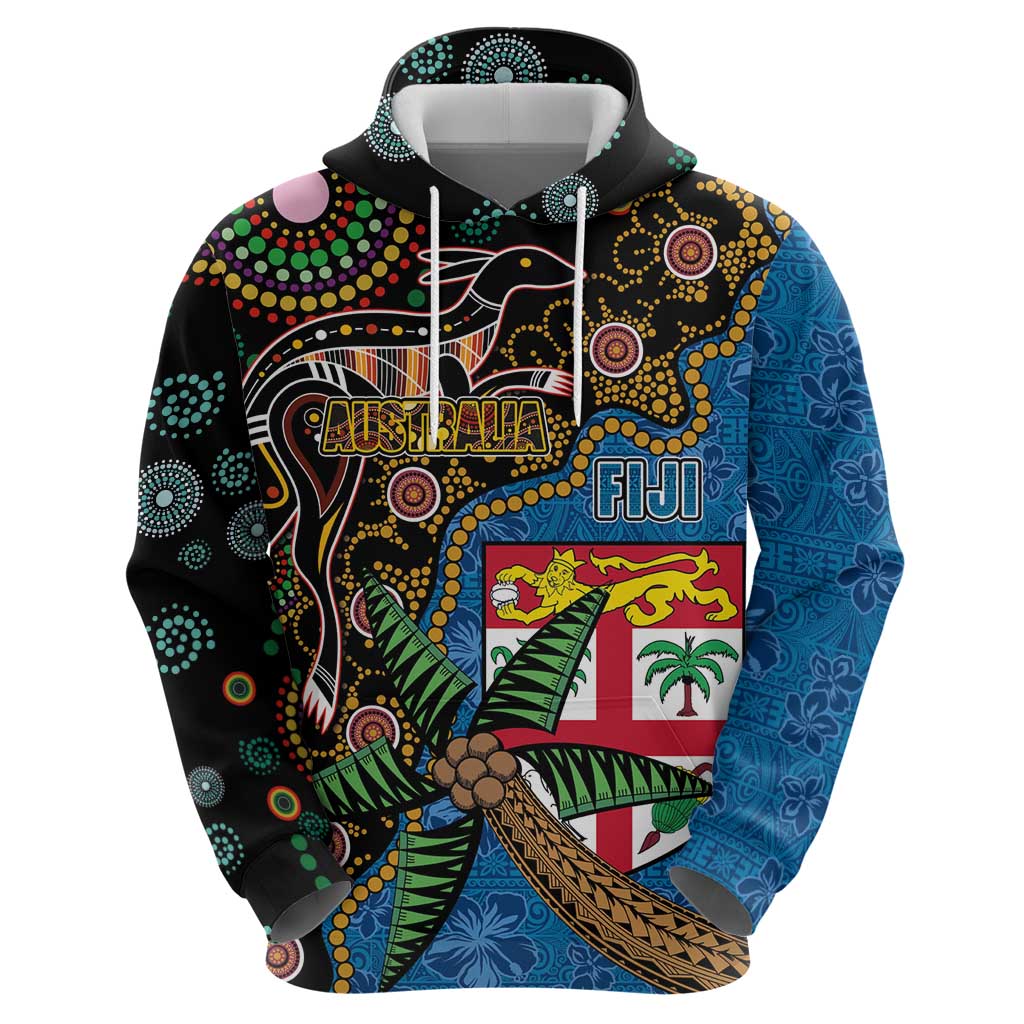Fijian and Australian Culture Together Hoodie Aboriginal Art and Tapa Motifs with Kangaroo and Palm Tree - Polynesian Pride