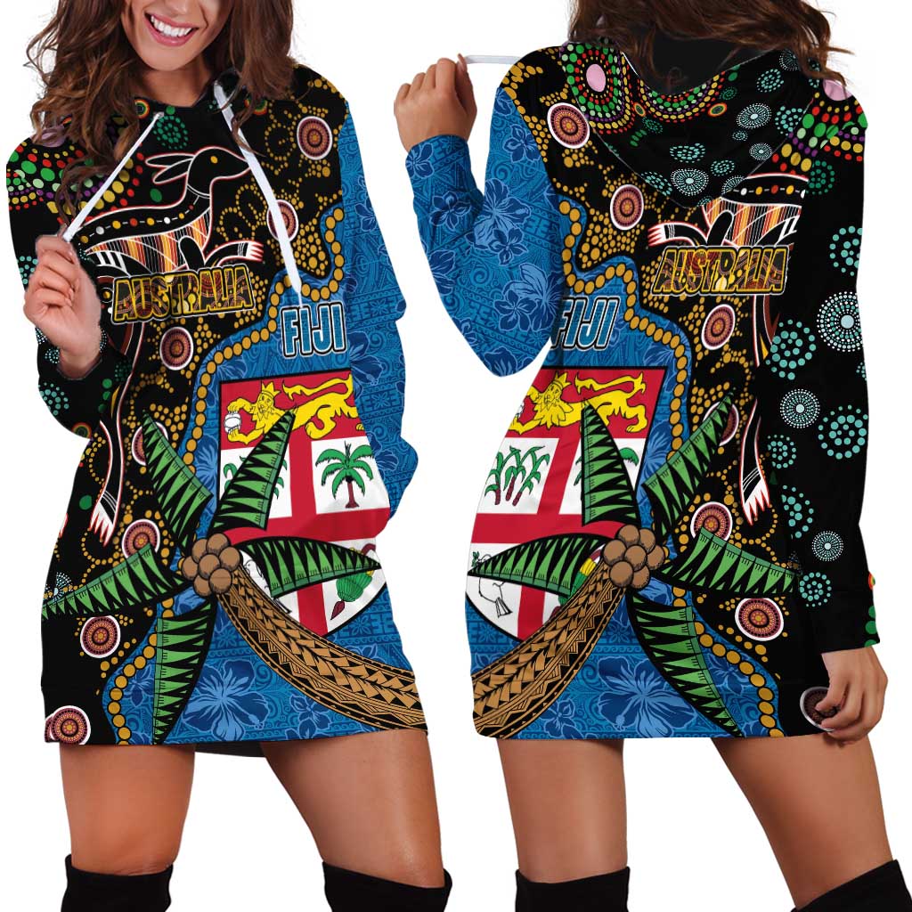 Fijian and Australian Culture Together Hoodie Dress Aboriginal Art and Tapa Motifs with Kangaroo and Palm Tree LT03 - Polynesian Pride