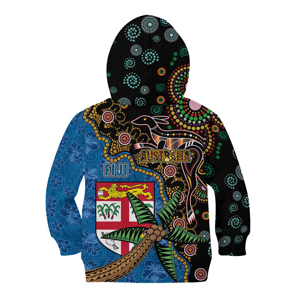 Fijian and Australian Culture Together Kid Hoodie Aboriginal Art and Tapa Motifs with Kangaroo and Palm Tree - Polynesian Pride