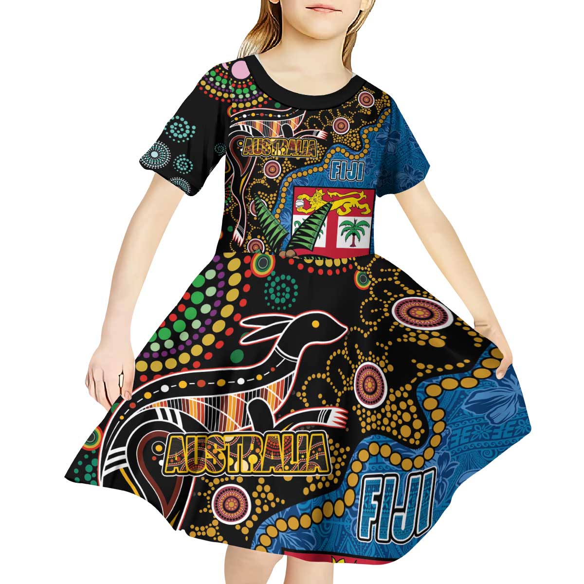 Fijian and Australian Culture Together Kid Short Sleeve Dress Aboriginal Art and Tapa Motifs with Kangaroo and Palm Tree - Polynesian Pride