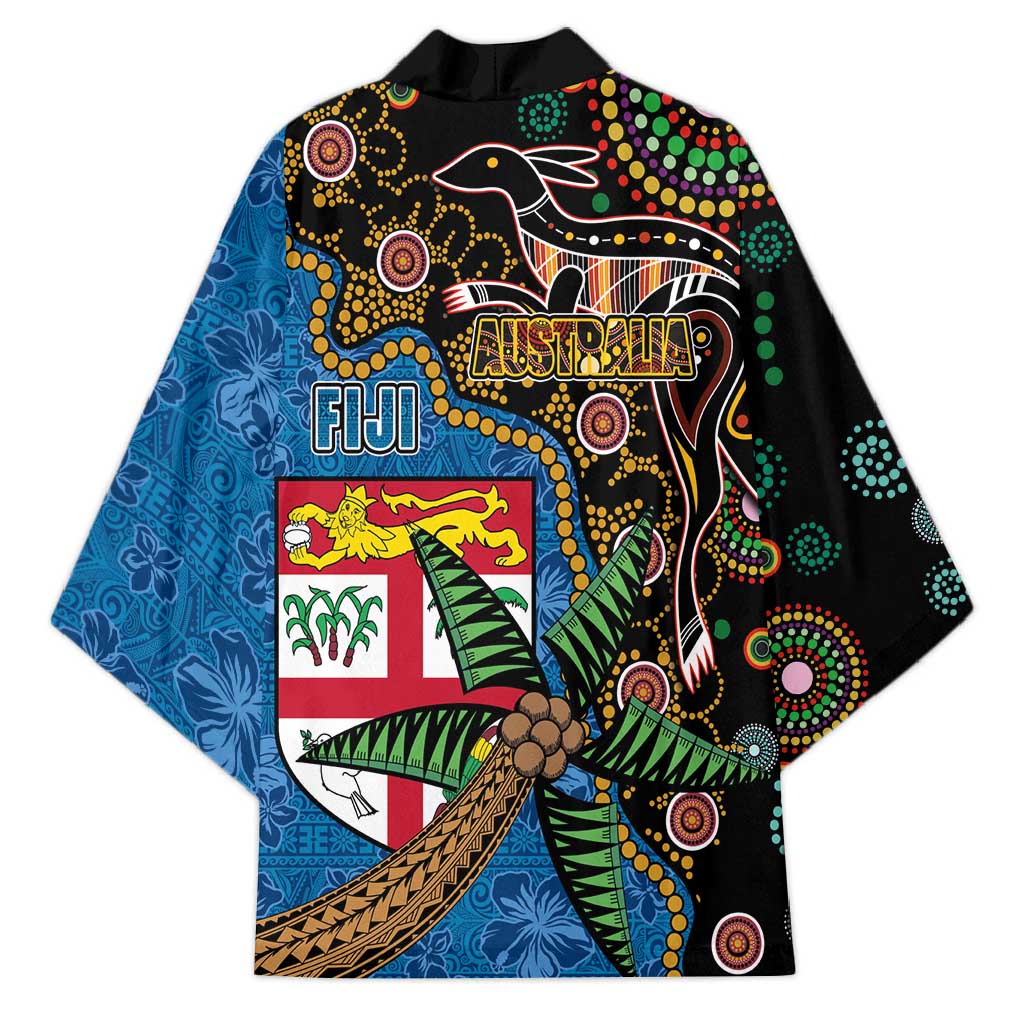 Fijian and Australian Culture Together Kimono Aboriginal Art and Tapa Motifs with Kangaroo and Palm Tree - Polynesian Pride