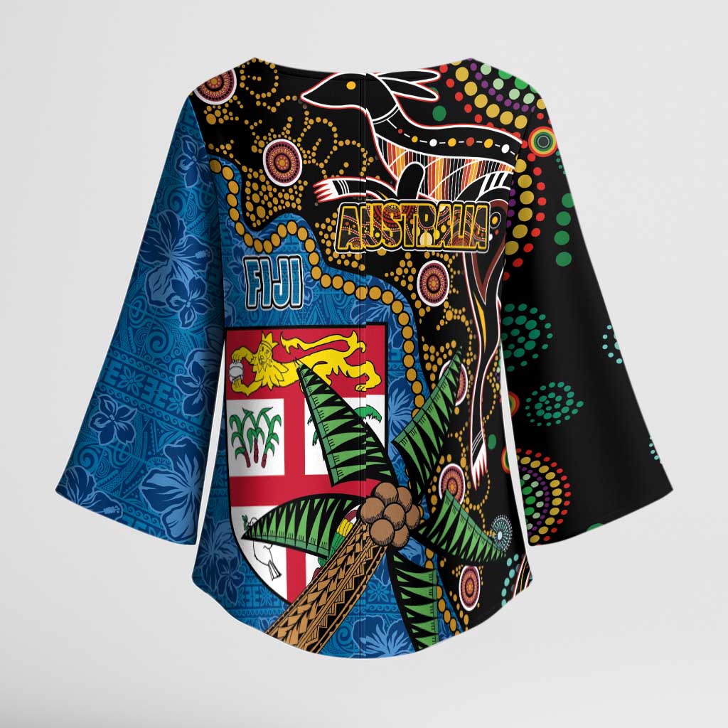 Fijian and Australian Culture Together Kimono Sleeve Blouse Aboriginal Art and Tapa Motifs with Kangaroo and Palm Tree - Polynesian Pride