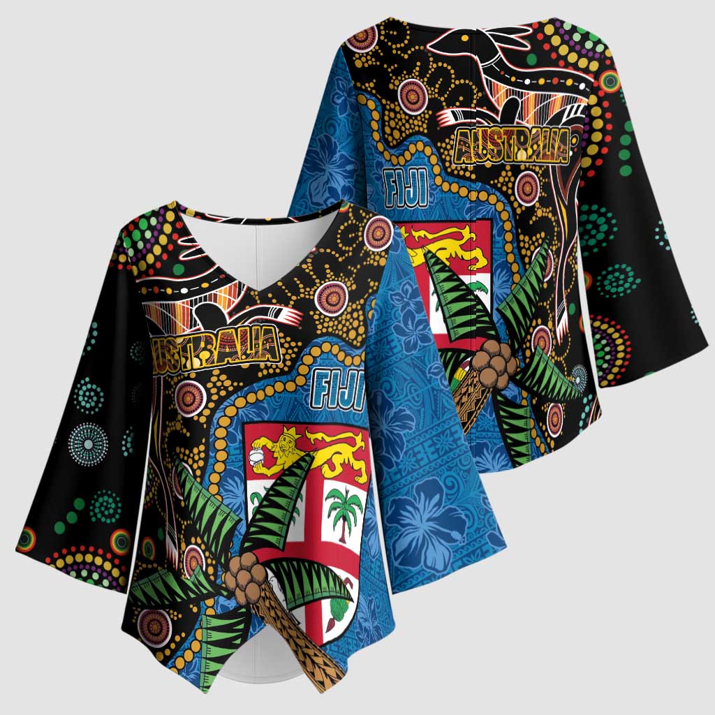 Fijian and Australian Culture Together Kimono Sleeve Blouse Aboriginal Art and Tapa Motifs with Kangaroo and Palm Tree - Polynesian Pride