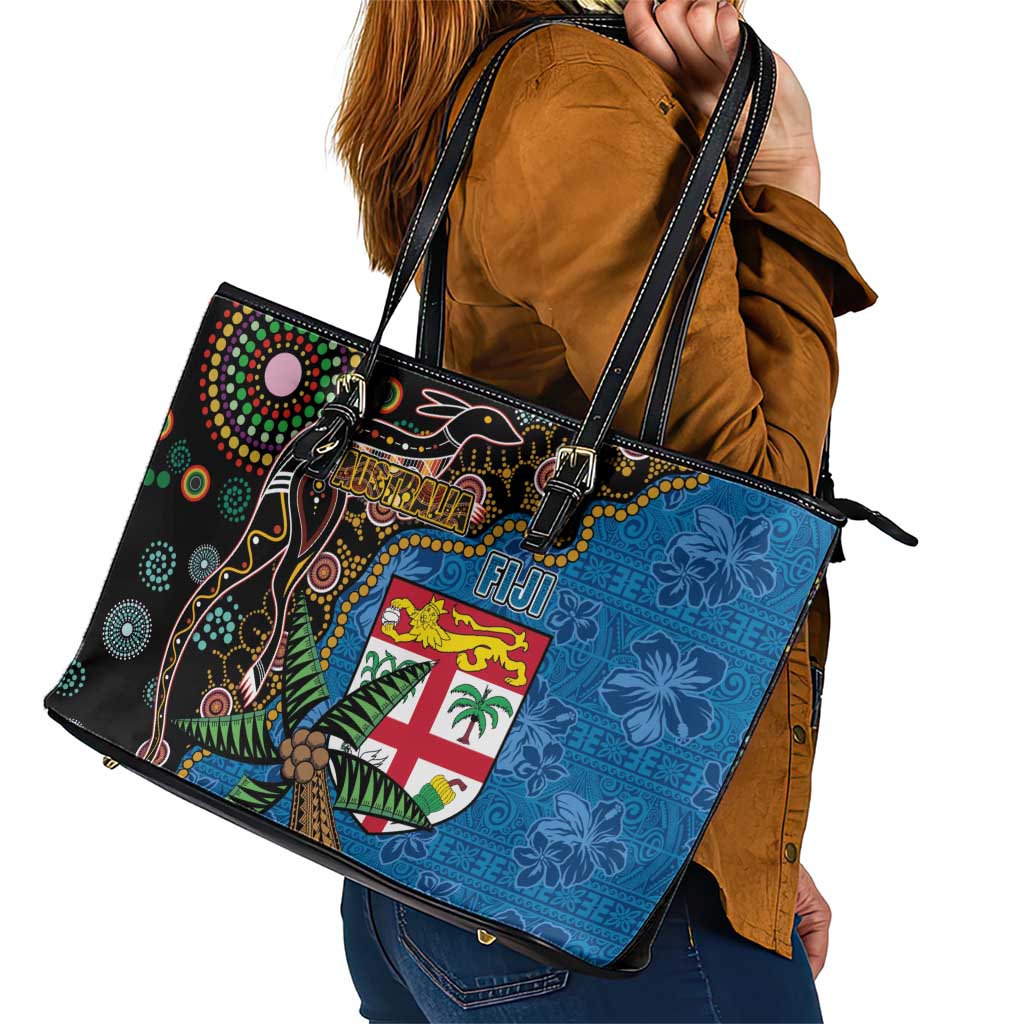 Fijian and Australian Culture Together Leather Tote Bag Aboriginal Art and Tapa Motifs with Kangaroo and Palm Tree - Polynesian Pride