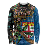 Fijian and Australian Culture Together Long Sleeve Shirt Aboriginal Art and Tapa Motifs with Kangaroo and Palm Tree LT03 Unisex Black - Polynesian Pride