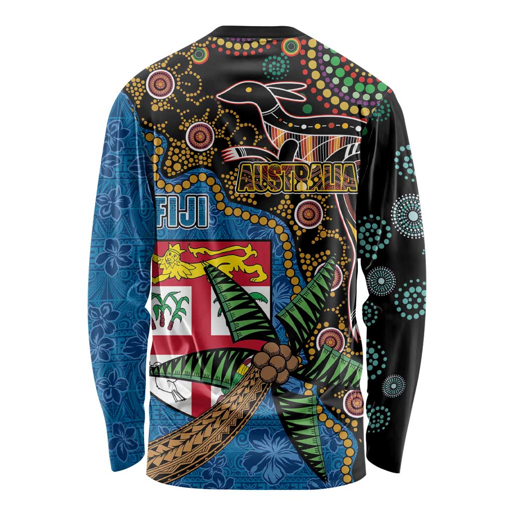 Fijian and Australian Culture Together Long Sleeve Shirt Aboriginal Art and Tapa Motifs with Kangaroo and Palm Tree LT03 - Polynesian Pride