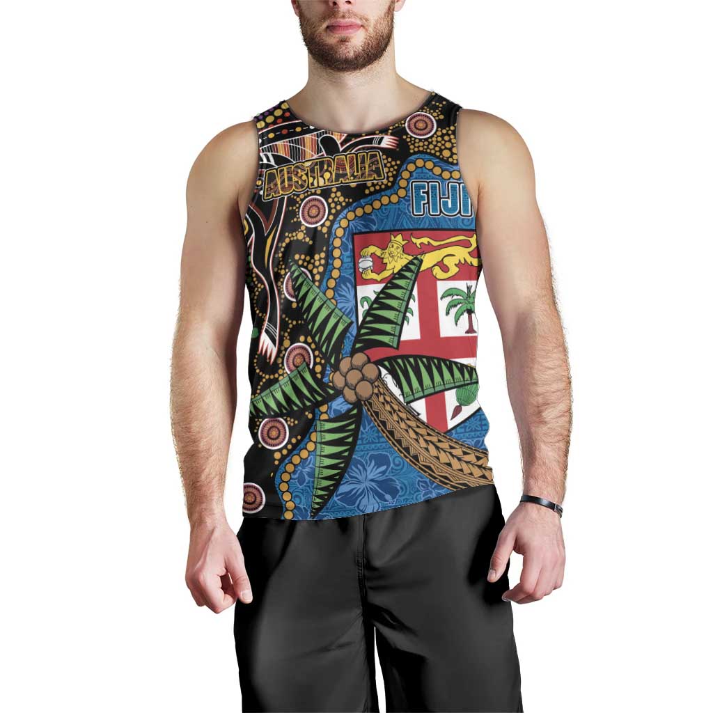 Fijian and Australian Culture Together Men Tank Top Aboriginal Art and Tapa Motifs with Kangaroo and Palm Tree - Polynesian Pride