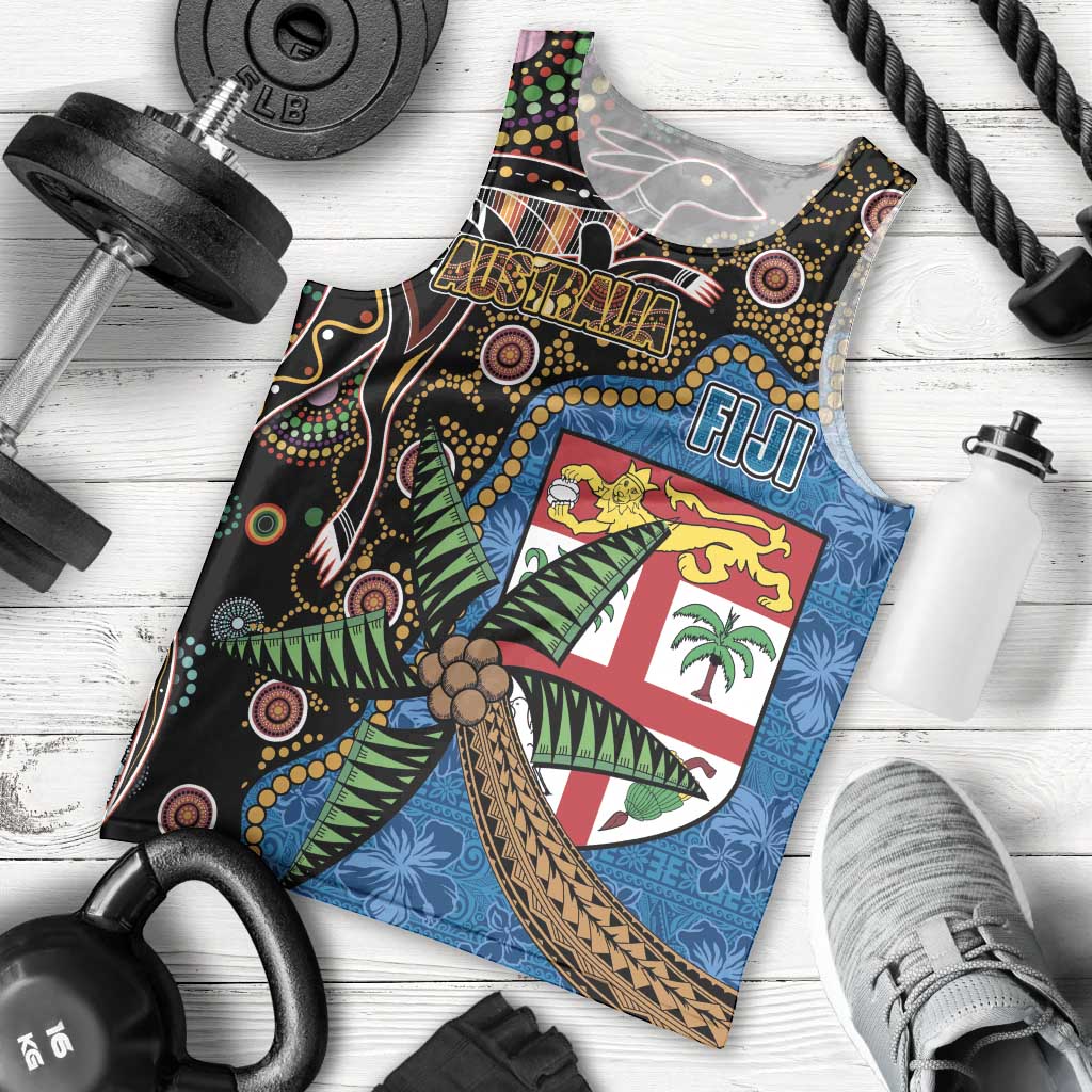 Fijian and Australian Culture Together Men Tank Top Aboriginal Art and Tapa Motifs with Kangaroo and Palm Tree - Polynesian Pride
