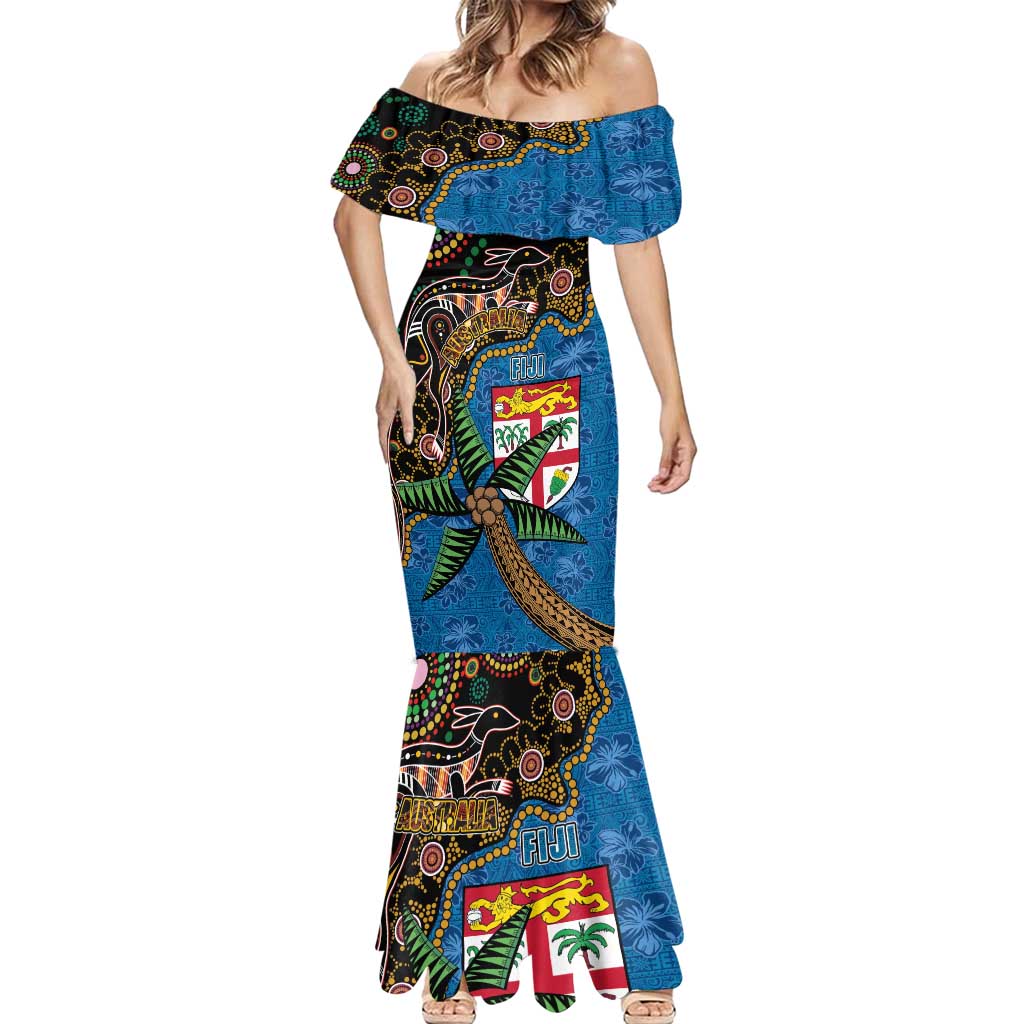 Fijian and Australian Culture Together Mermaid Dress Aboriginal Art and Tapa Motifs with Kangaroo and Palm Tree - Polynesian Pride