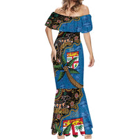 Fijian and Australian Culture Together Mermaid Dress Aboriginal Art and Tapa Motifs with Kangaroo and Palm Tree - Polynesian Pride