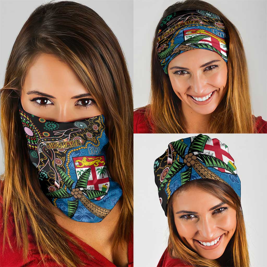 Fijian and Australian Culture Together Neck Gaiter Aboriginal Art and Tapa Motifs with Kangaroo and Palm Tree LT03 - Polynesian Pride