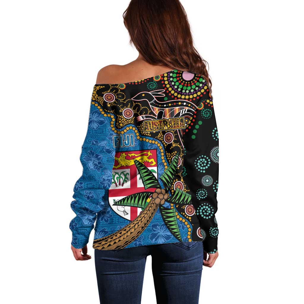 Fijian and Australian Culture Together Off Shoulder Sweater Aboriginal Art and Tapa Motifs with Kangaroo and Palm Tree LT03 - Polynesian Pride
